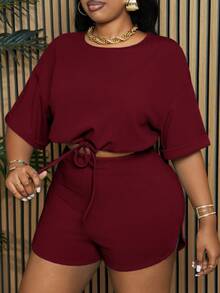 Slaydiva Slayr Plus Setelan 2 Potong Wanita Ukuran Plus Warna Polos dengan Tali Serut di Pinggang dan Belahan di Bagian Bawah, Setelan Musim Panas Jumpsuit Yoga untuk Kerja dari Rumah, Bahan Wol Dua Potong - Burgundy - View 5