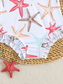 SHEIN Baby Girl Starfish Print Long Sleeve Zipper Front One-Piece Swimsuit With Matching Hat,High-Stretch Sun Protection Swimwear For Holiday Beach Vacation - Multicolor - View 5