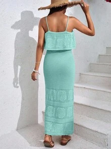 EURMUSE Women's Solid Color Vacation Style Openwork Knit Dress - Mint Green - View 2
