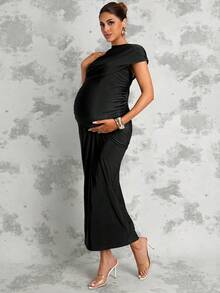 MaterniChic Vestido elegante de maternidad de unicolor con drapeado ajustado - Negro - Ver 10