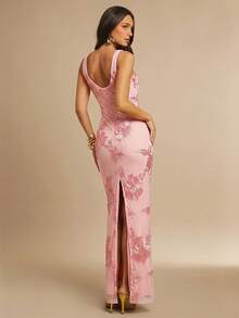 3D Floral Fitted Minimalist Sexy Dress - Rose Red - View 2