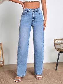 SHEIN PETITE Women's Straight Leg Slit Denim Jeans, Street Style - Blue - View 3