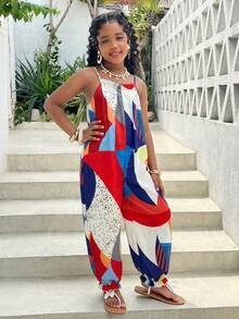 SHEIN Tween Girls' Summer Fashion Beach Vacation Style Patchwork Print Pleated Loose Drawstring Jumpsuit - Multicolor - View 4