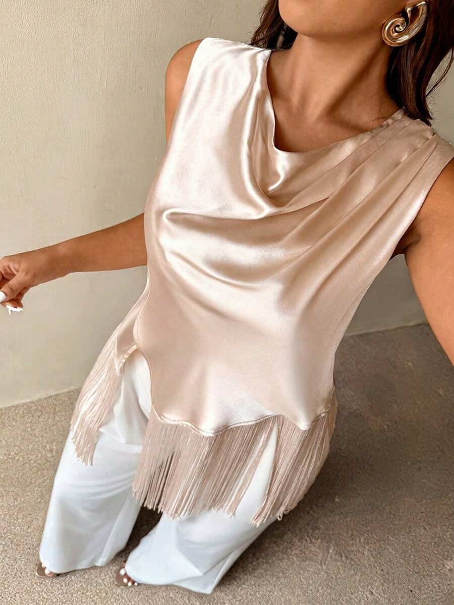 Auralis New Summer Satin Fabric Plus Size Elegant Commuting Workplace Long Tassel Hem Casual Top / Collar Pleated Loose Collar Modern Elegant Shirt / New Asymmetrical Hem Loose Shirt Silk Top For Women Elegant Blouse For Women Casual Modern Latest Tops For Women New Arrivals Sleeveless Top Satin Top Fringe Top - Apricot - View 1