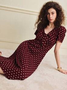 Écloséra Vestido de mujer de estilo japonés con estampado de lunares dulces y manga corta - Burdeos - Ver 5
