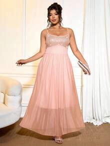 Cravure Plus Size Sequin Patchwork Sheer Chiffon Cinched Waist A-Line Dress, Elegant For Outings, Dates, Parties And Events - Pink - View 8