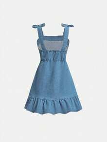 SHEIN Elladie kids 幼女可愛休閒甜美牛仔洋裝，夏季輕量中洗藍色可愛街頭風 4 口袋鬆緊腰不對稱開衩裙 - 淺色水洗藍 - 查看 3
