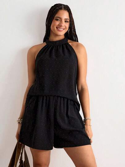 Freevana Plus Size Summer Casual Solid Color Halter Top And Shorts 2 Pieces Set