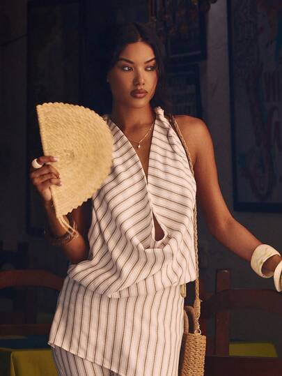 MUSERA Gestreiftes Cowl-Neckholder-Top mit tiefem Ausschnitt, Frühling Sommer Urlaub Strand elegant Ibiza Festival Ferien Tajine