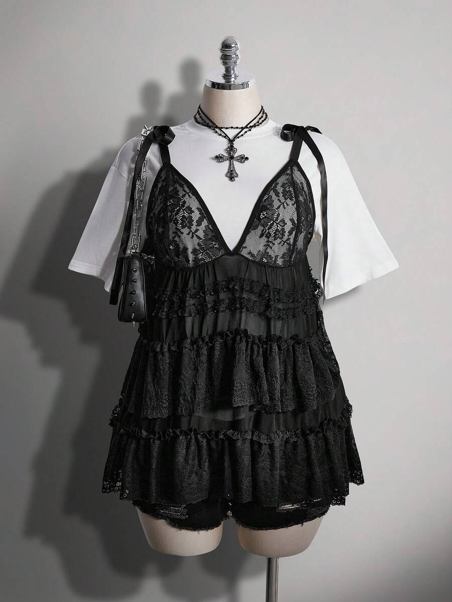 SHEIN ICON 大码女士性感黑色蕾丝衬衫 - 黑色 - 查看 1