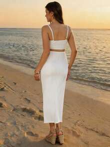 SHEIN 女士休闲露腰镂空吊带波浪纹理孕妇连衣裙 - 白色 - 查看 2