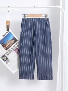 Young Boys Casual Comfortable Versatile Striped Straight Leg Pants - Navy Blue - View 2