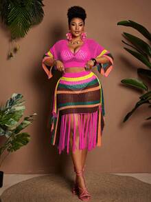 Maweii Plus Size Women's Knitted 2-Piece Set,Pink Summer Boho Vacation V-Neck Short-Sleeved Top & Tassel Mini Skirt,Flowing Seaside Swimsuit Outing Fall - Multicolor - View 7