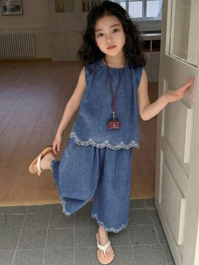 Dazy Kids Young Girl Summer Casual Vacation Style Embroidered Sleeveless Loose Denim Top And Wide Leg Jeans Set