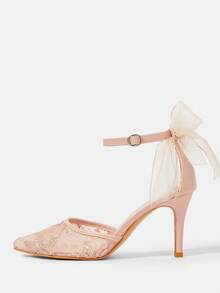 CUCCOO HITCHD 女士尖头高跟镂空粉色蕾丝蝴蝶结贴花优雅浪漫透气婚礼派对高跟鞋 - 粉色 - 查看 6