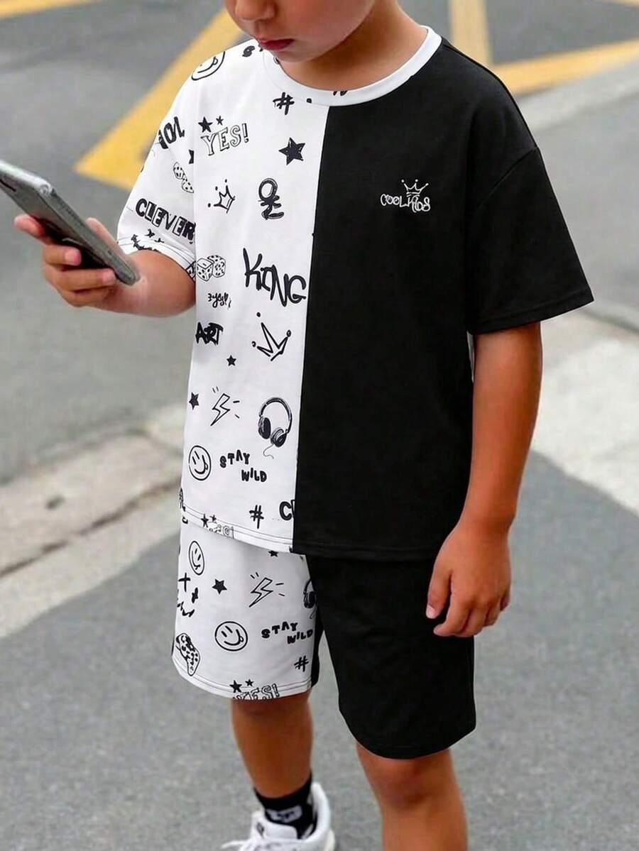 SHEIN 青少年男童休闲运动宽松街头撞色印花圆领短袖短裤套装,适合户外玩耍、街头摄影、派对、城市漫步、春夏穿着。 - 黑色 - 查看 1