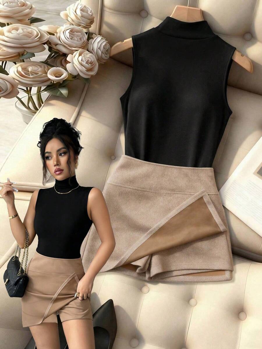 Franclia Top sin mangas de cuello alto con ajuste ceñido, falda de ante de moda, falda ajustada de talle alto con corte en A y abertura lateral, conjunto de 2 piezas para mujer primavera/otoño - Negro - Ver 1