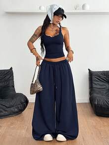 Coolane Damen Sommer Konzert Outfit Streetwear Y2K Casual Alltagskleidung Sportbekleidung Gyaru Ausgeschnittenes Korsett Dehnbarer Träger und weite Hüfthose Zweiteiler - marineblau - Übersicht 2