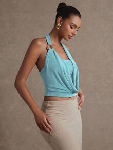 Hauture Women's Solid Color Minimalist Daily Wear Draped Neck Top - Baby Blue - View 5