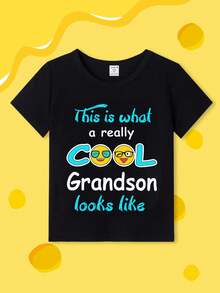 SHEIN Baby Boy Casual Stylish Cartoon Cute Ghost Face & Funny Slogan Print Short Sleeve T-Shirt - Black - View 8