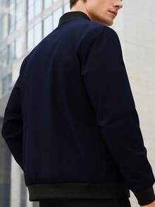 Manfinity Homme 男士纯色简约休闲长袖拉链外套 - 藏蓝色 - 查看 3
