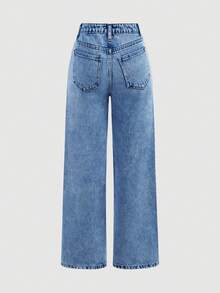 SHEIN Girlism Jeans casuales minimalistas de unicolor para adolescentes - Azul lavado medio - Ver 2