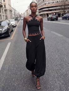 Maija Quần dài nữ màu trơn dáng rộng, có dây rút - màu đen - Xem 9