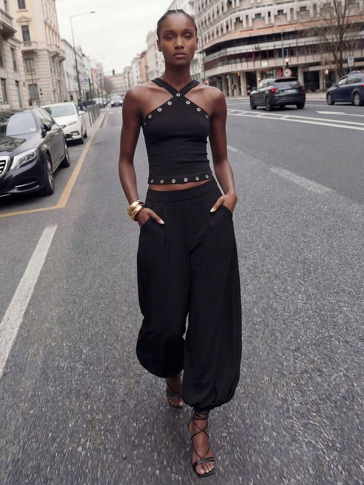 SHEIN Maija Spodnie, luźne, tkane, czarne, długie spodnie dresowe dla kobiet z gładkim wzorem i suwakiem