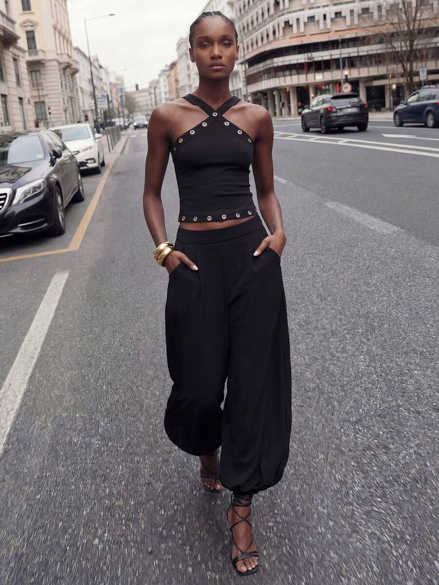 Maija Quần dài nữ màu trơn dáng rộng, có dây rút - màu đen - Xem 1