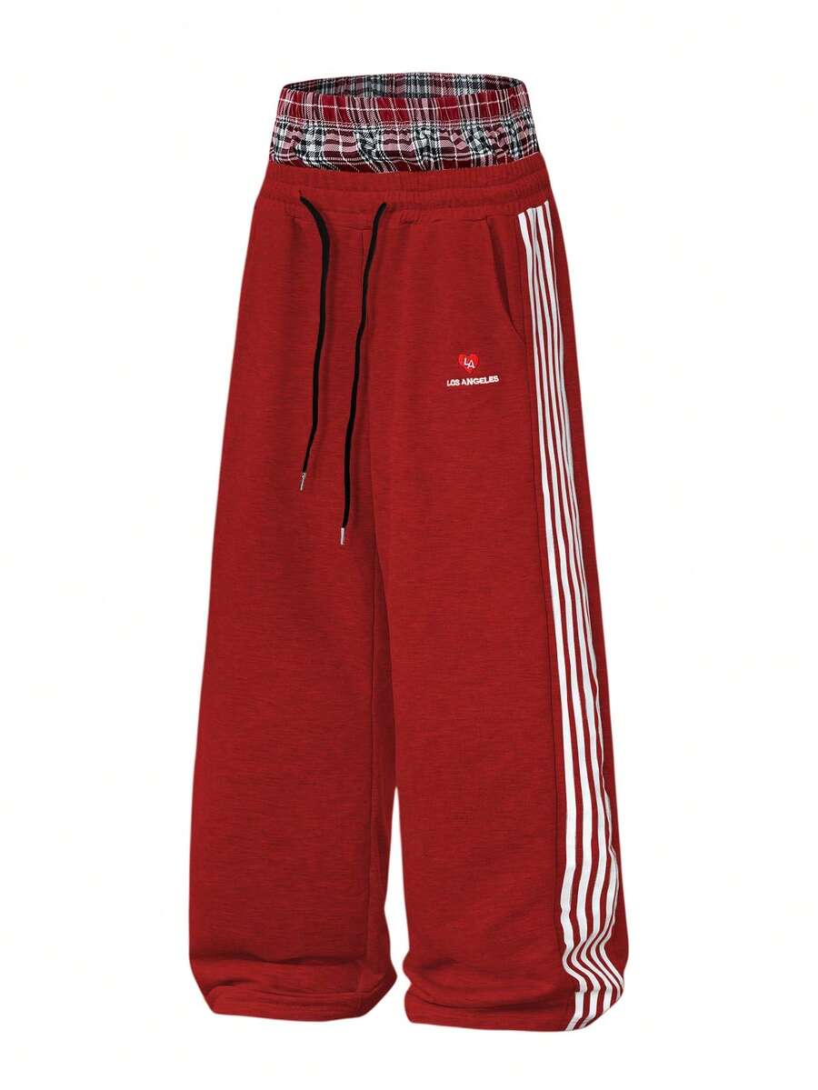 Manfinity Roghcode Men's Streetwear Winter Thick Knit Sweatpants,Red And White Stripe Sports Pants With Elastic Waist & Drawstring,Los Angeles Graphic For Daily Work - Red - View 1