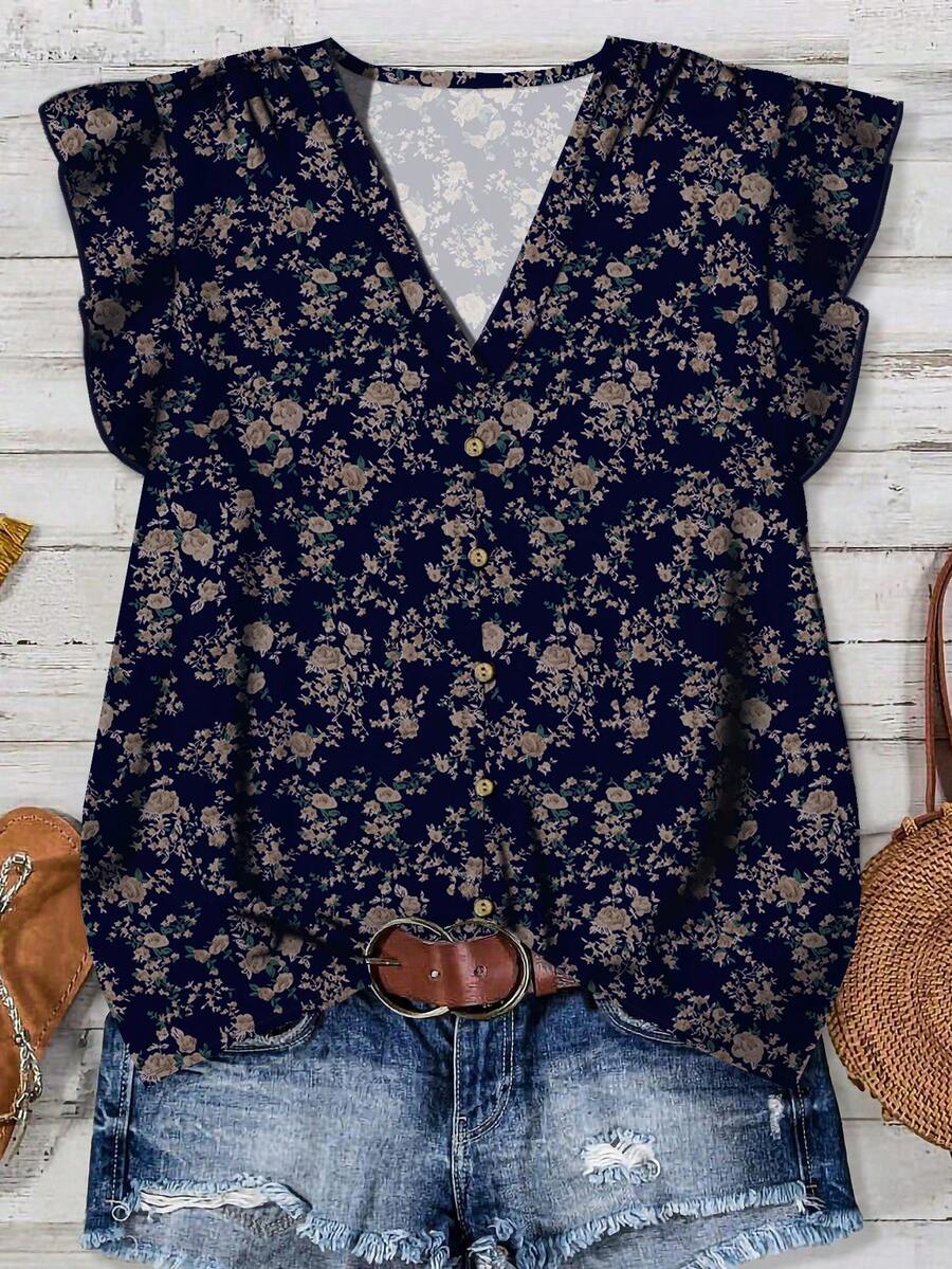EMERY ROSE Women's Casual Floral Ruffle Sleeve Shirt, Suitable For Summer,Summer Top - Navy Blue - View 1