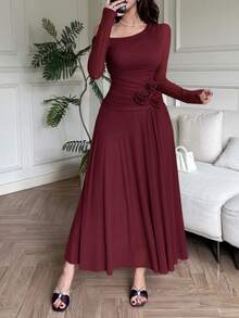 Feyla Women's Solid Color Asymmetric Shoulder Long Sleeve Floral Decor Elegant Dress - Burgundy - View 4