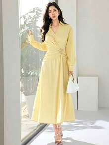 Heiryn 女士纯色腰部褶裥设计长袖优雅中长连衣裙 - 鵝黃色 - 查看 7
