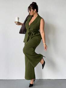 Firerie Plus Size Women Solid Color Shawl Collar Belted Sleeveless Blazer And Pants Casual Commuter 2 Pieces Set Brown Jumpsuit Women Plus Size Formal Jumpsuit Brown Two Pieces Set Women 2 Piece Sets Woman Classy Maternity Clothes Two Pieces Suits Autumn Winter Clothes For Women - Green - View 8