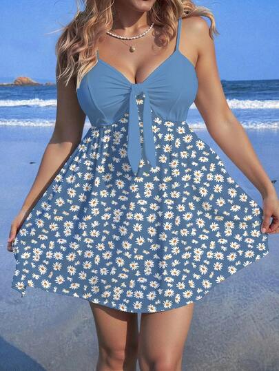 Veykashi Plus Size Women Vacation Daisy Print Tie Front Cami Dress