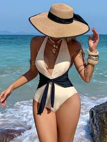Livesso Women's One-Piece Contrast Color Deep V Bowknot Casual Sexy Swimsuit Beach Golf Outfit Summer White Vacation - Beige - View 2