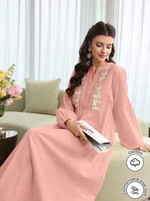 Yasmyna Embroidered Lace Patchwork Front Striped Yellow Cotton Tunic - Pink - View 2