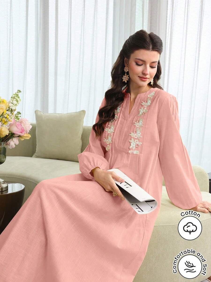 Yasmyna 刺绣蕾丝拼接前条纹黄色棉质束腰外衣 - 粉色 - 查看 1