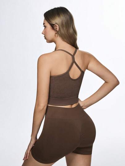 Eassivo 女士无缝高弹豹纹健美操瑜伽健身交叉背带运动文胸