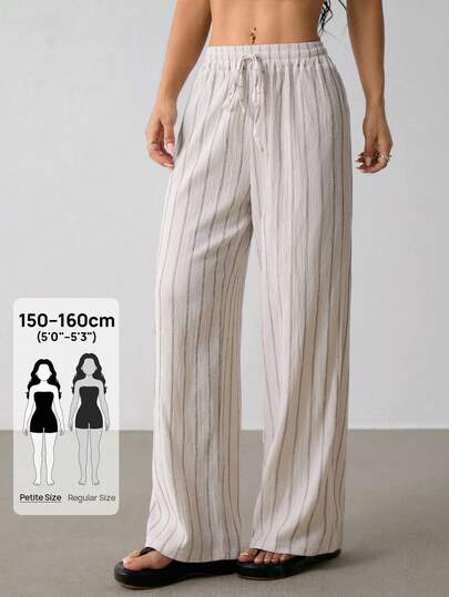 SHEIN PETITE 女士条纹抽绳腰阔腿宽松休闲裤，日常穿着，适合春夏秋季，法国度假