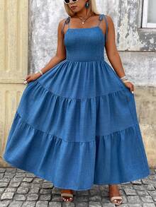 Breezaya 大码女士优雅休闲度假吊带连衣裙 - 藍色 - 查看 6