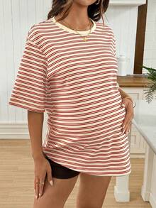 SHEIN Maternity Summer Casual Vacation Daily Commute Contrast Color Striped Print Loose Fit T-Shirt World Cup - Apricot - View 3