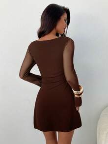 Aloruh Women's Elegant Square Neck Ruched Flare Sleeve Fitted A-Line Mini Dress, Textured Fabric - Coffee - View 2