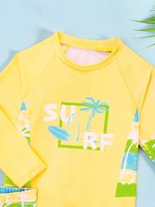 Infant Boy Pale Yellow 2-Piece Swimwear Set,Tropical Palm Tree & Letter Print Long Sleeve Rash Guard & Shorts,Summer Casual Vacation Holiday Outfit - Yellow - View 5