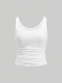 Slaydiva 休闲基础款交叉露背无袖深V领侧褶皱优雅蕾丝白色大码女式背心，夏季，音乐节 - 白色 - 查看 5