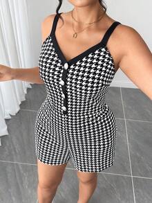 Elenzga Plus Size Fashionable Houndstooth Romper For Summer - Black and White - View 3