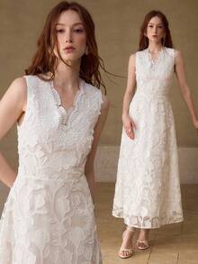 MOTF PREMIUM EMBROIDERED V-NECK SLEEVELESS BEADED ELEGANT VACATION WHITE DRESS - White - View 7