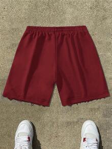 PAVTROS 男士年轻街头风，简约别致的字母星形印花针织短裤，弹性腰带抽绳口袋设计，前片印有水洗波点图案，整体都市风格，简约休闲，街头时尚，百搭日常穿着。节日礼物。 - 酒紅色 - 查看 2