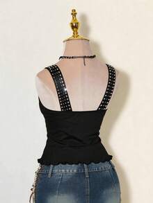 SHEIN ICON 复古休闲亮片吊带深V领女式背心 - 黑色 - 查看 2