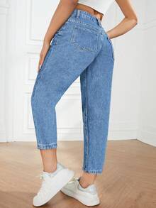 Jeanoix Quần jeans ống côn dáng suông, chất liệu wash, cỡ lớn, kiểu dáng thường ngày. - Màu xanh lam - Xem 2